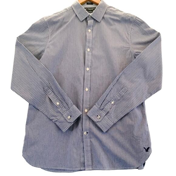 AMERICAN EAGLE Mens Shirt Slim Fit Blue & White Pin Stripe Button Down Sz Large - Picture 1 of 12